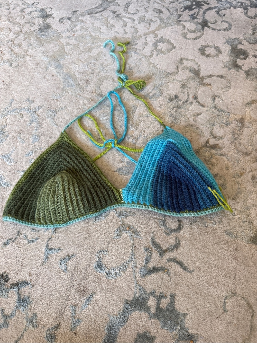 Crochet Triangle Bikini Top in Green & Blue